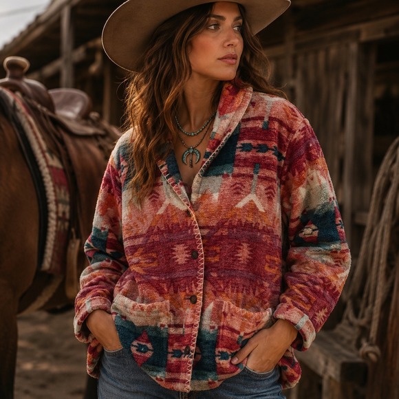 Bit & Bridle Sweaters - Bit & Bridle Western Button Front Cardigan Womens XL Red Fleece Western Boho